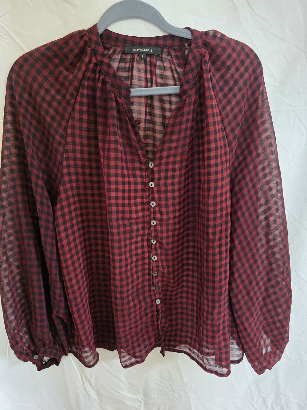 Olivaceous Red and Black Gingham Button-Front Blouse